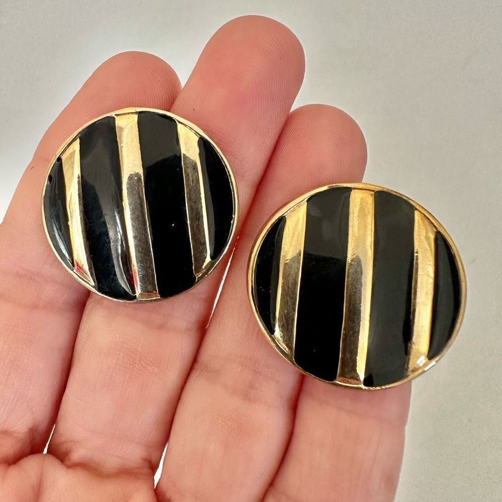 Black and gold tone circle post earrings